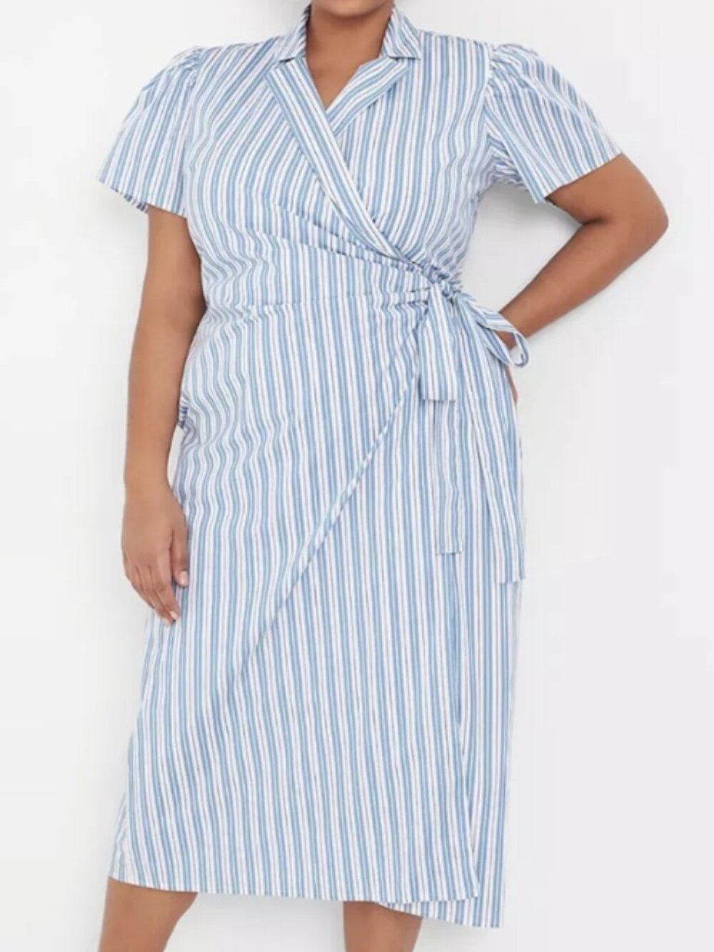Blue and White Striped Wrap Midi Dress